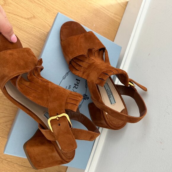 Prada Fringe Slingback Sandals Brown Suede Leather Chunky Block Heels Size 39 - Picture 13 of 13